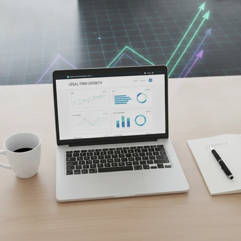 A high-angle, clean, professional shot of a modern office desk with a laptop displaying a website analytics dashboard, a pen, a notebook, and a coffee cup. The background is slightly blurred with abstract data visualizations, representing digital marketing strategy and growth for legal firms. Focus on clarity and professionalism.