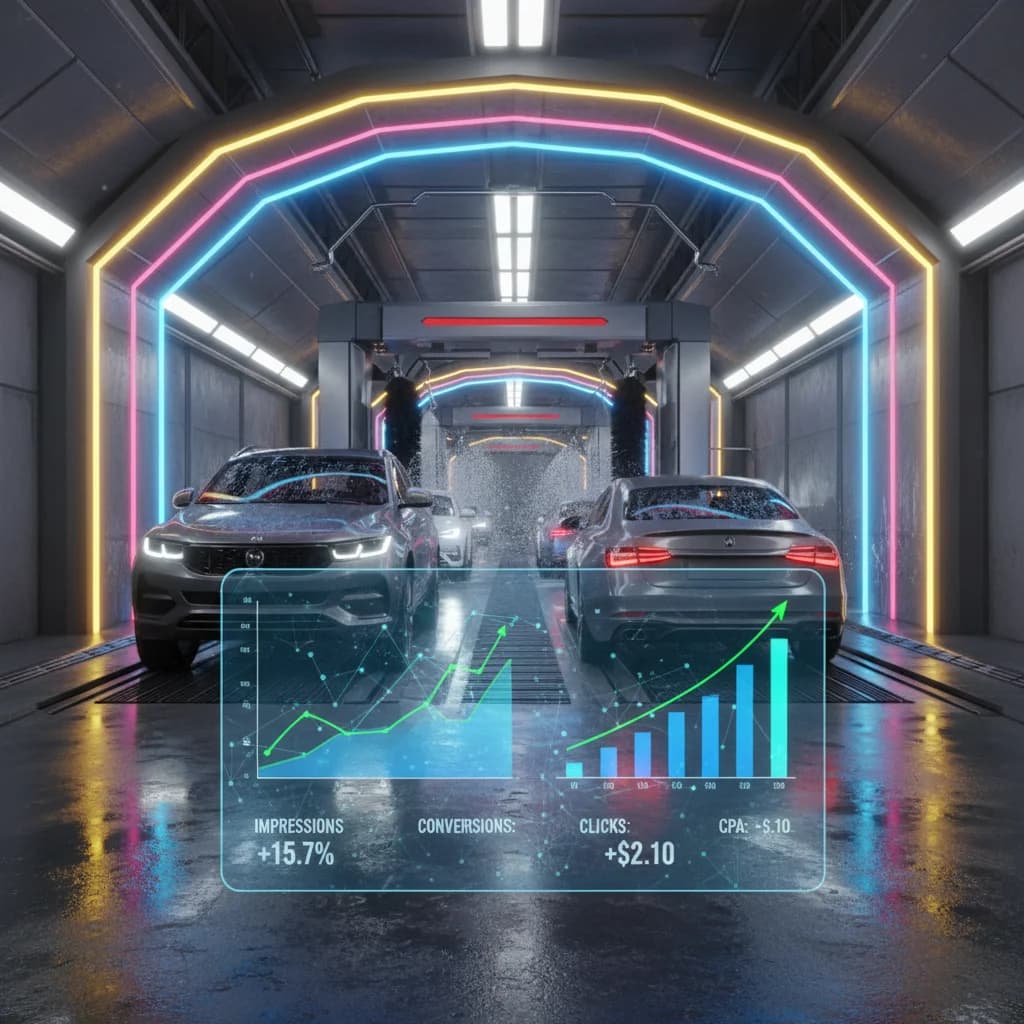 A sleek, modern car wash tunnel with vibrant, dynamic lighting, showcasing cars being cleaned. In the foreground, a digital dashboard displaying Google Ads analytics with upward trending graphs and conversion metrics. Focus on the sophisticated digital aspect of marketing intersecting with the physical car wash experience. NO text, NO competitors, NO low-lighting.