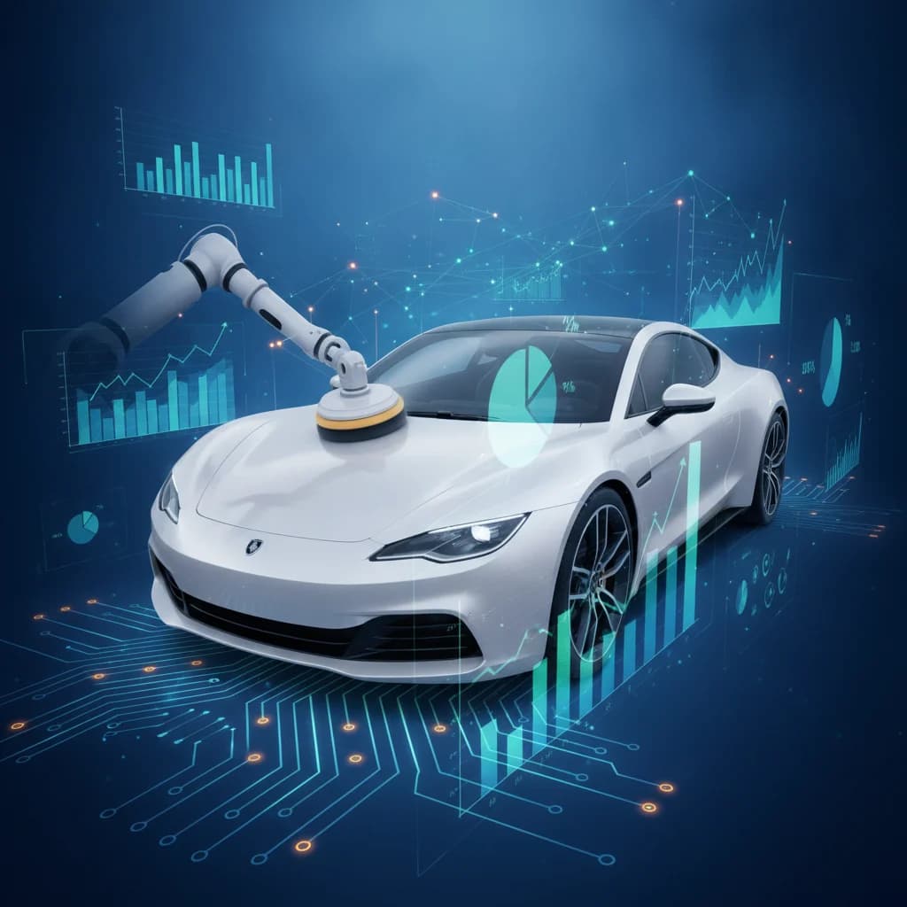 A vibrant, detailed illustration of a car being polished, with digital marketing graphs and data analytics overlays subtly integrated into the background, representing high-performance Google Ads. The image should convey precision and growth, with a clean, modern aesthetic and no text.