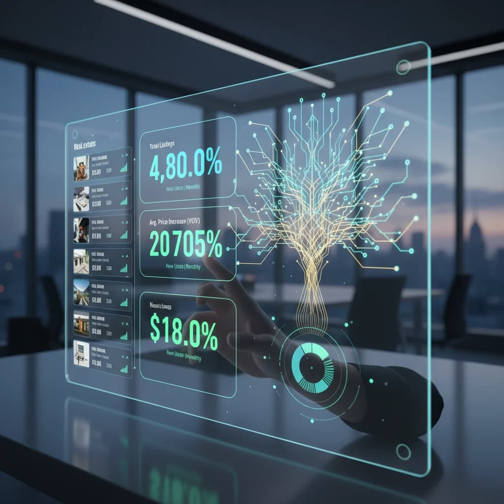 A modern, clean digital interface displaying property listings and analytics, with abstract elements representing growth and connectivity. Bright, professional lighting.
