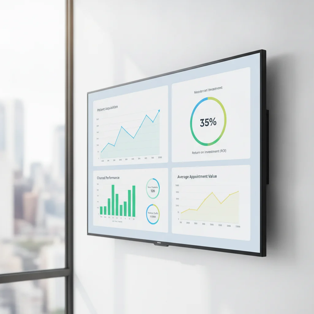 A professional, clean digital marketing dashboard displaying analytics for a dental practice, with clear graphs showing patient acquisition trends and return on investment (ROI). The image should have bright, inviting lighting and focus on data visualization without any text overlays, competitors, or scary dental instruments.