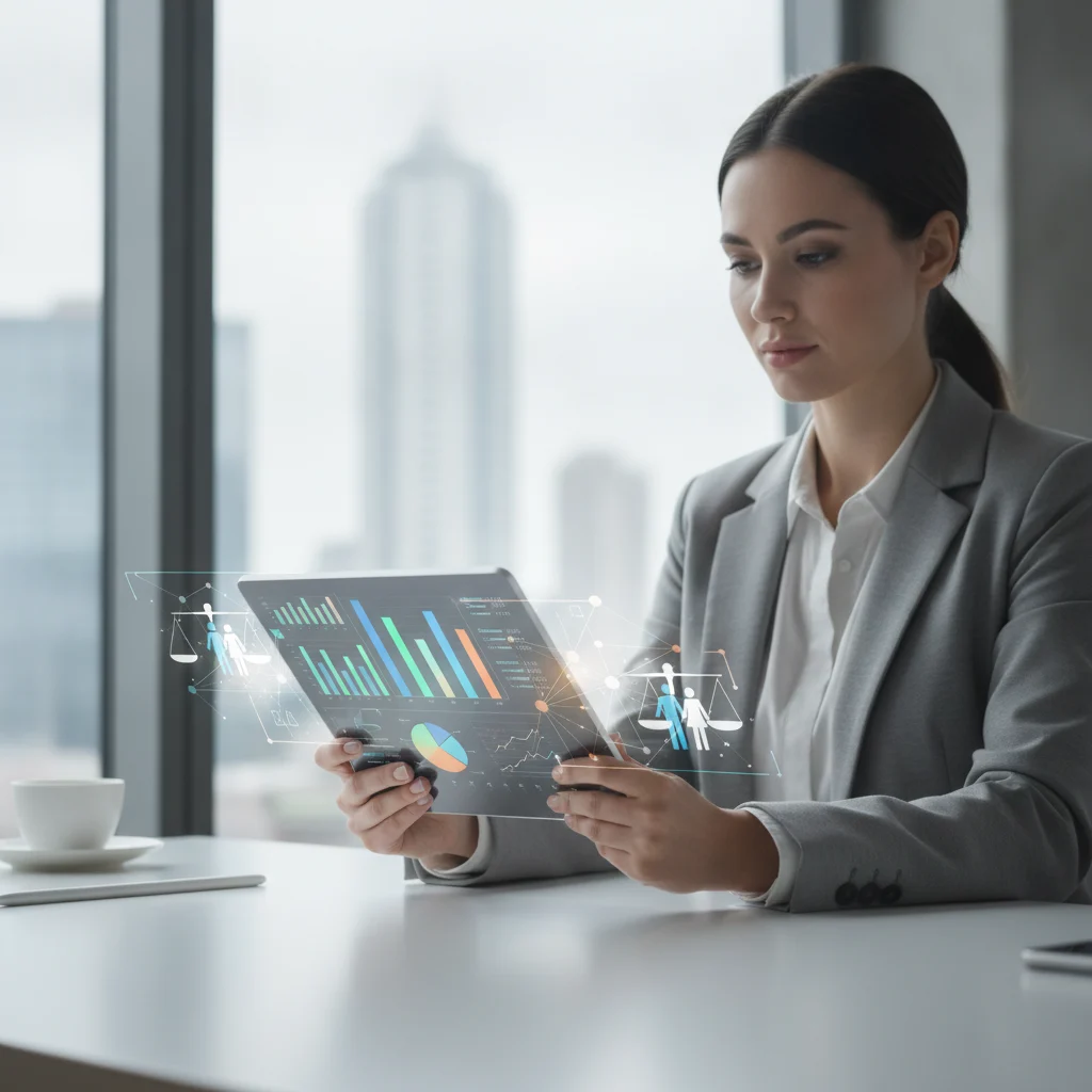 A professional legal marketing expert analyzing social media ad performance data on a tablet, with subtle divorce-related icons (like scales of justice, two merging figures) integrated into a digital graph background. The scene is bright, clear, and focused on data analysis, with no text overlays, no text in the image, no competitors, and no low-lighting.