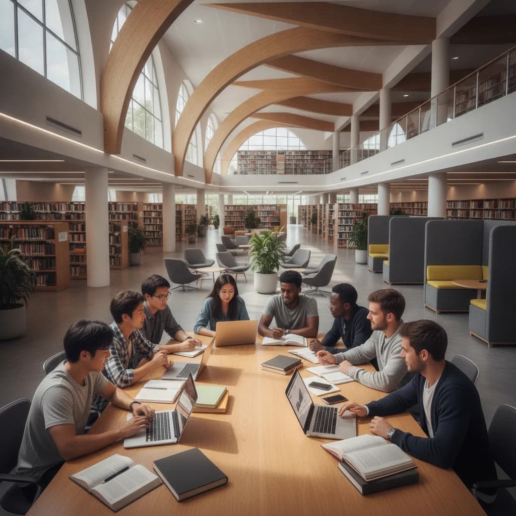 A diverse group of students in a modern, bright university library, engaged in collaborative learning with laptops and textbooks. No text overlays, no text in image, no competitors, no low-lighting, no outdated classrooms.
