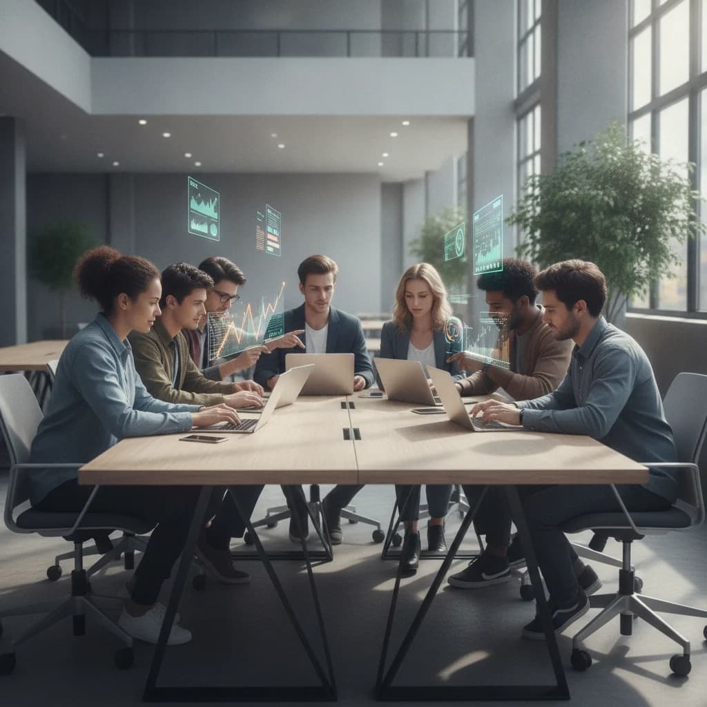 A modern, diverse group of students (college-aged and adult learners) collaboratively working on laptops and tablets in a bright, open study space. Digital overlays of analytics dashboards, upward trending graphs, and targeting reticles subtly appear around them, symbolizing effective programmatic advertising and educational growth. The overall aesthetic is professional, dynamic, and forward-thinking, with no text or brand logos.