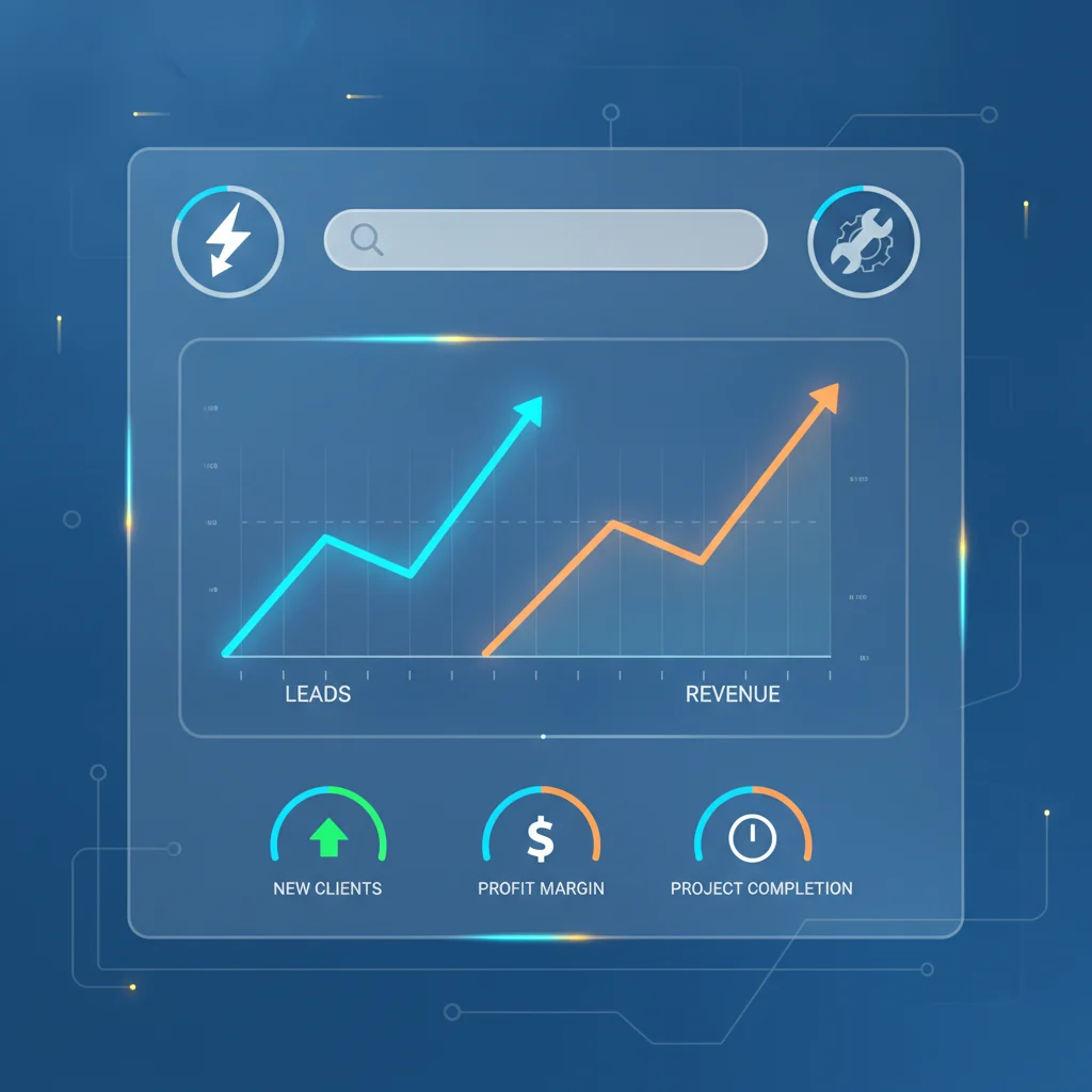 A professional graphic illustrating a clean, modern electrical business dashboard with financial charts showing upward trends in leads and revenue. Features a stylized lightning bolt icon, a magnifying glass over a search bar, and a wrench/tool icon, all integrated into a digital interface. The overall impression is one of efficiency and growth, with a bright, professional color scheme and no text overlays or exposed wires.