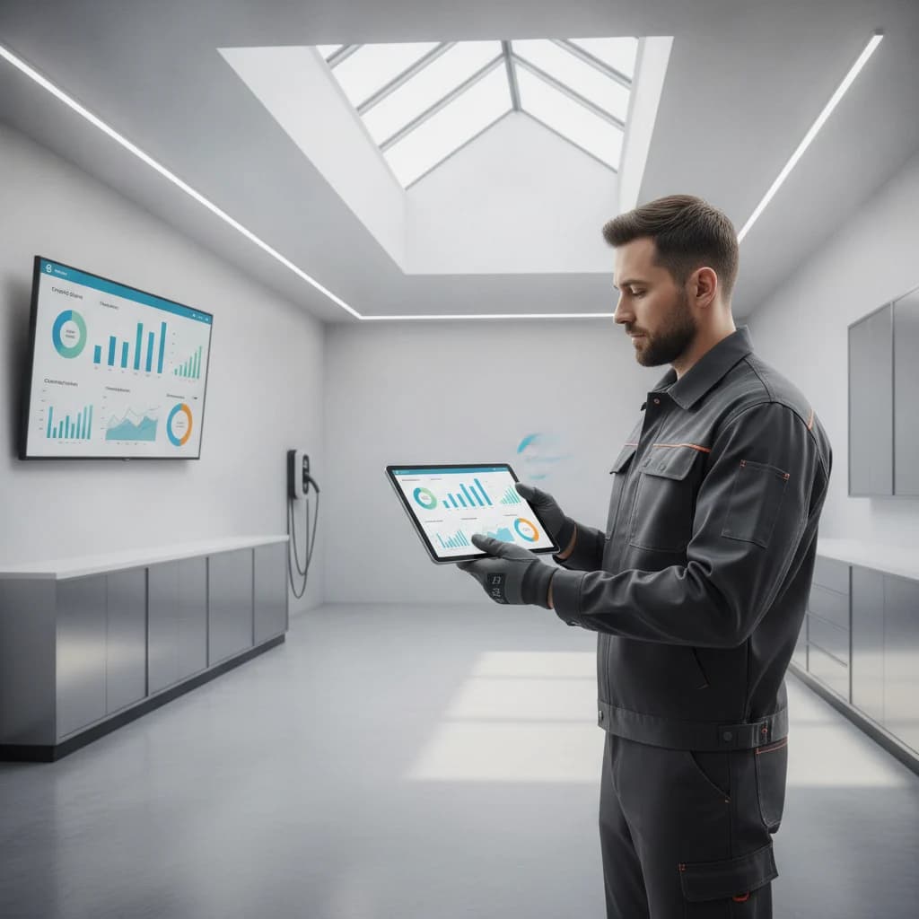 A modern electrician looking at a tablet displaying digital marketing analytics, standing in a clean, contemporary workshop. The tablet shows graphs and charts, emphasizing data and performance. No text overlays, no exposed wires, no low-lighting, no competitors.