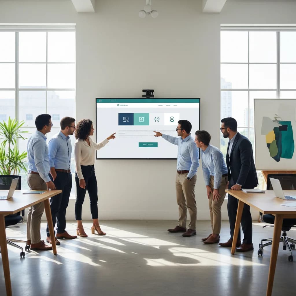A diverse group of immigration lawyers and legal professionals in a modern, brightly lit office, looking at a high-conversion website design mock-up on a large screen, symbolizing strategic web development for lead generation. No text overlays, no competitors.