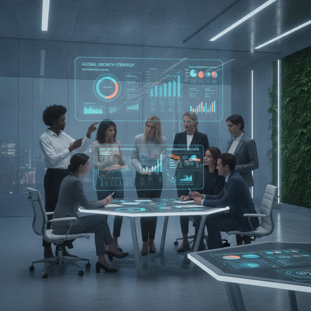 A high-tech, clean, and modern office setting with a diverse team collaborating on digital screens displaying analytics and charts, focusing on growth and lead generation, with no faces exaggerated or text in image.