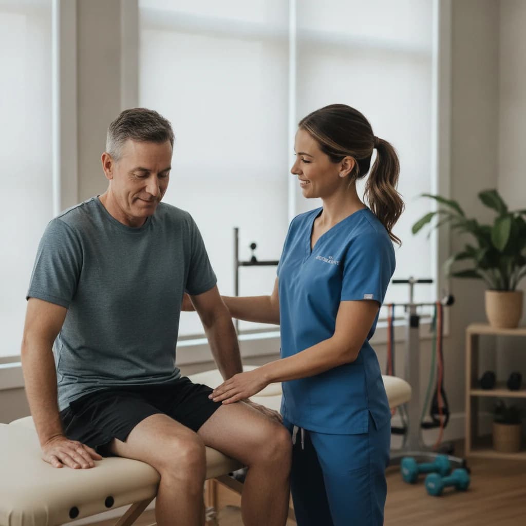 A modern, clean physical therapy clinic website homepage design, featuring clear navigation, an online booking button, patient testimonials, and a welcoming image of a physical therapist interacting with a patient. The design emphasizes user-friendliness and conversion optimization.