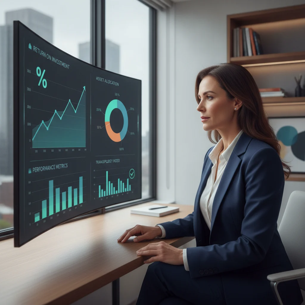 A professional, modern lawyer or financial advisor looking at a digital dashboard displaying graphs and data, representing transparency and ROI analysis. The image should be clean, well-lit, and show no text overlays or competitors.