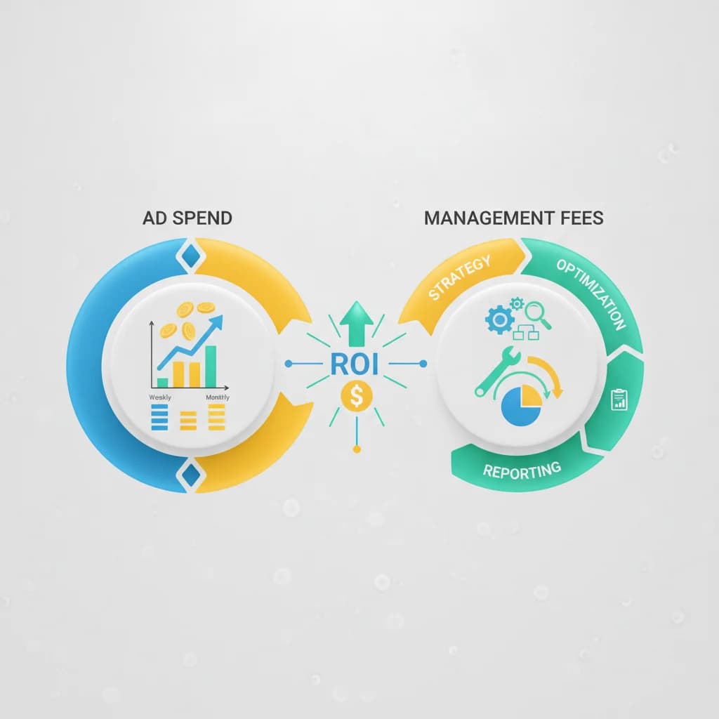 A detailed, vibrant infographic illustrating the breakdown of car wash PPC management costs. One section shows "Ad Spend" with a graph trending upwards, another shows "Management Fees" with a clear breakdown of services like strategy, optimization, and reporting. The infographic uses bright, clean colors associated with car washes and digital marketing, emphasizing transparency and ROI. NO text in image, NO competitors, NO low-lighting.