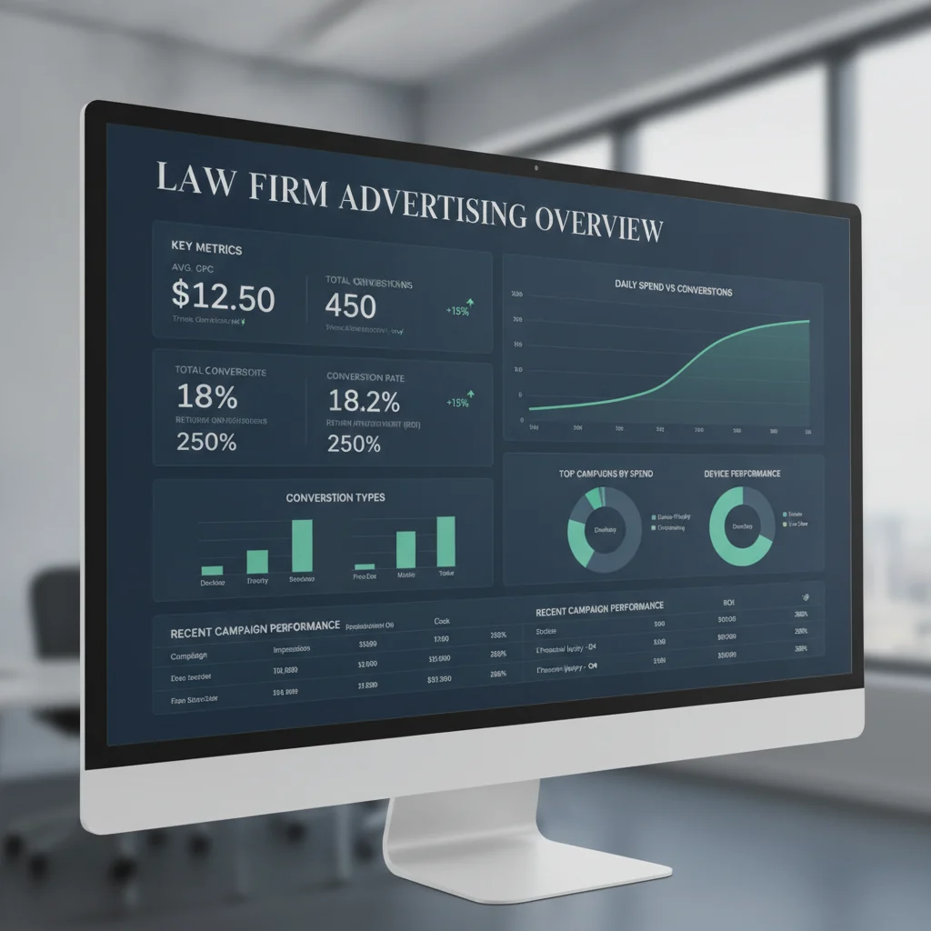 A professional, clean digital marketing dashboard displaying Google Ads campaign performance for a law firm, showing metrics like CPC, conversions, and ROI. The interface should be modern and easy to understand, with no brand logos or text overlays.