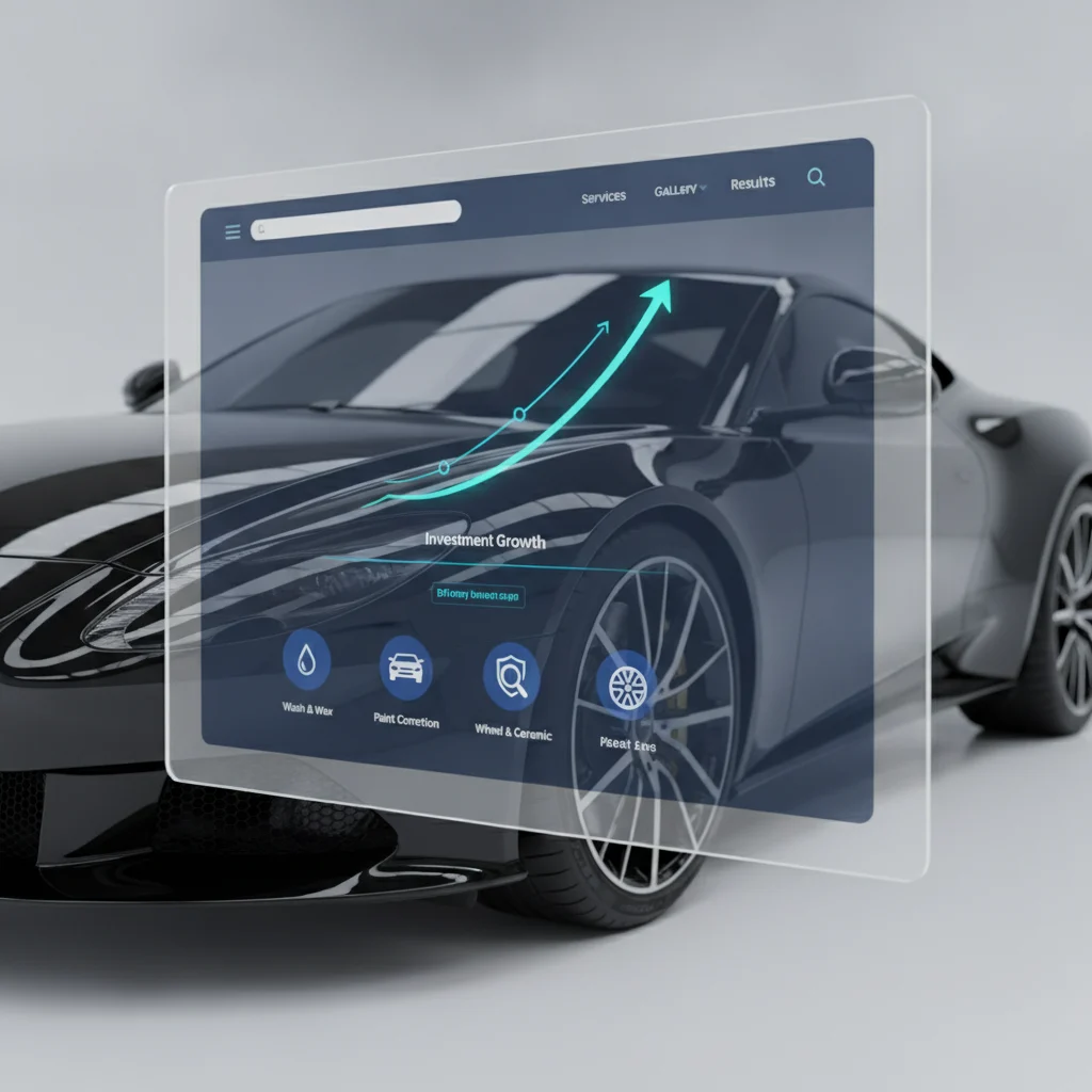 A sleek, modern auto detailing website interface displaying car detailing services, with a graph showing increasing ROI in the background, set against a backdrop of a clean, polished luxury car. The image should be professional, bright, and focus on digital growth without text or competitors.