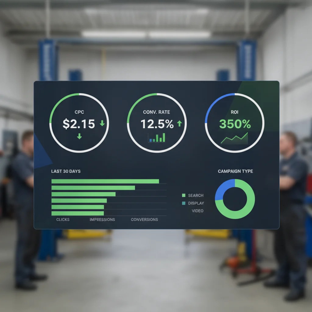 A professional, modern dashboard displaying Google Ads campaign performance metrics, including CPC, conversion rate, and ROI, with a blurred background of an auto repair shop. The focus is on clear, easy-to-read data visualizations, no text in image, bright lighting.