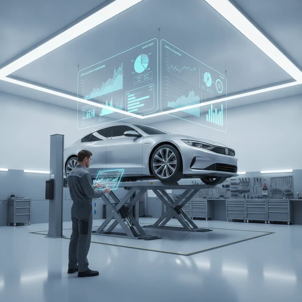 A modern, clean auto repair shop bay with a car on a lift, a digital dashboard displaying PPC campaign metrics like graphs and charts floating above, a mechanic looking at a tablet, bright and professional lighting, focus on technology and efficiency, no text, no competitors, no low-lighting, no dirty environment.