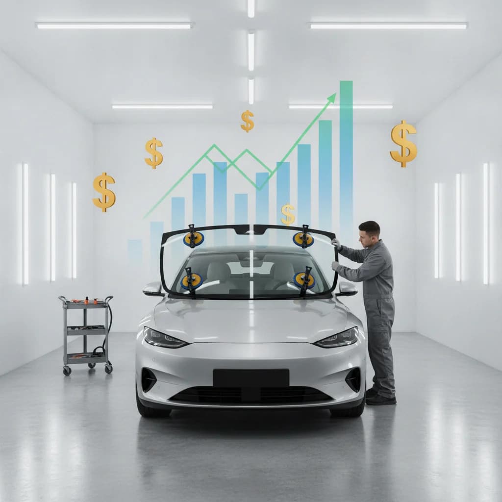 A modern, clean garage interior with a car having its windshield repaired. A digital overlay shows data analytics graphs and dollar signs, symbolizing cost-effectiveness and ROI. The image should be well-lit, professional, and feature no text, no competitors, and no broken glass.