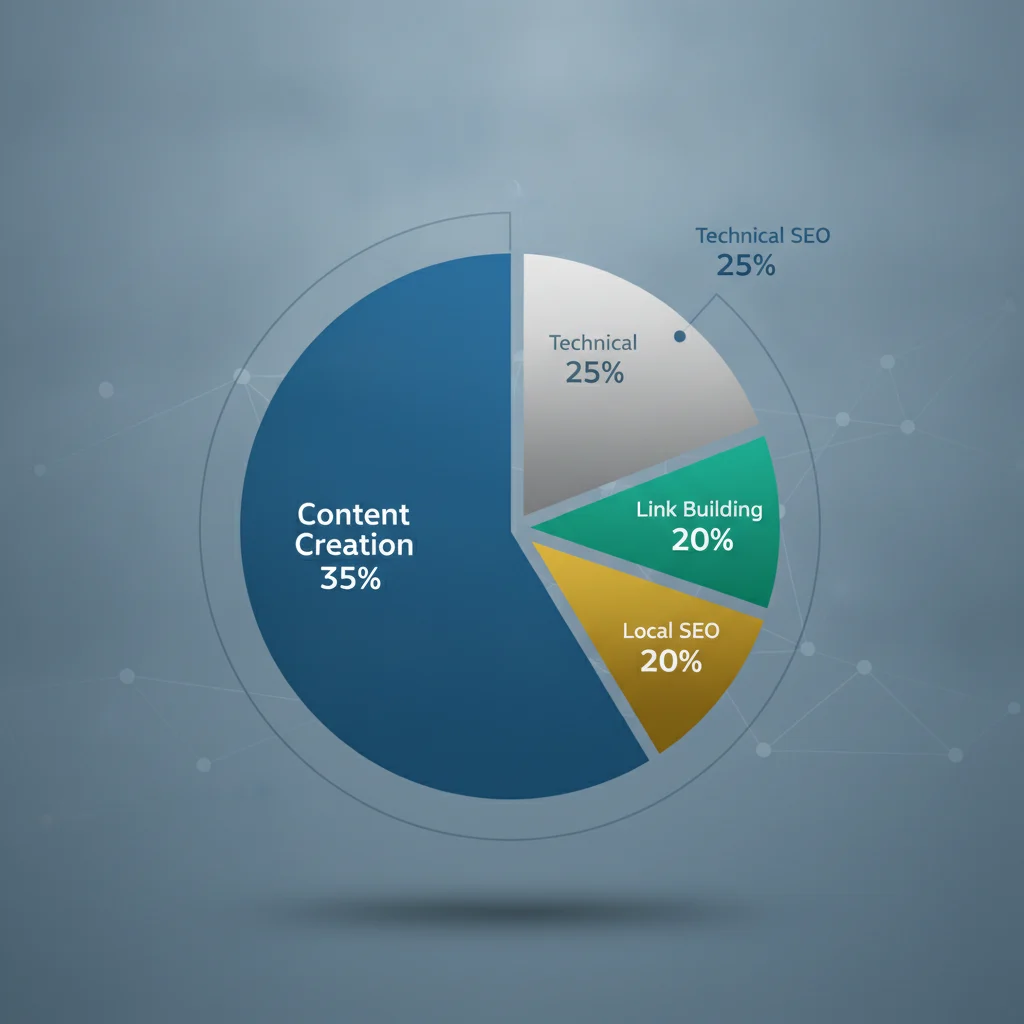 A professional, modern graphic illustrating the breakdown of SEO costs for a law firm, showing categories like 'Content Creation', 'Technical SEO', 'Link Building', and 'Local SEO' with corresponding percentage allocations. The image should be clean, abstract, and avoid any text overlays or company logos.
