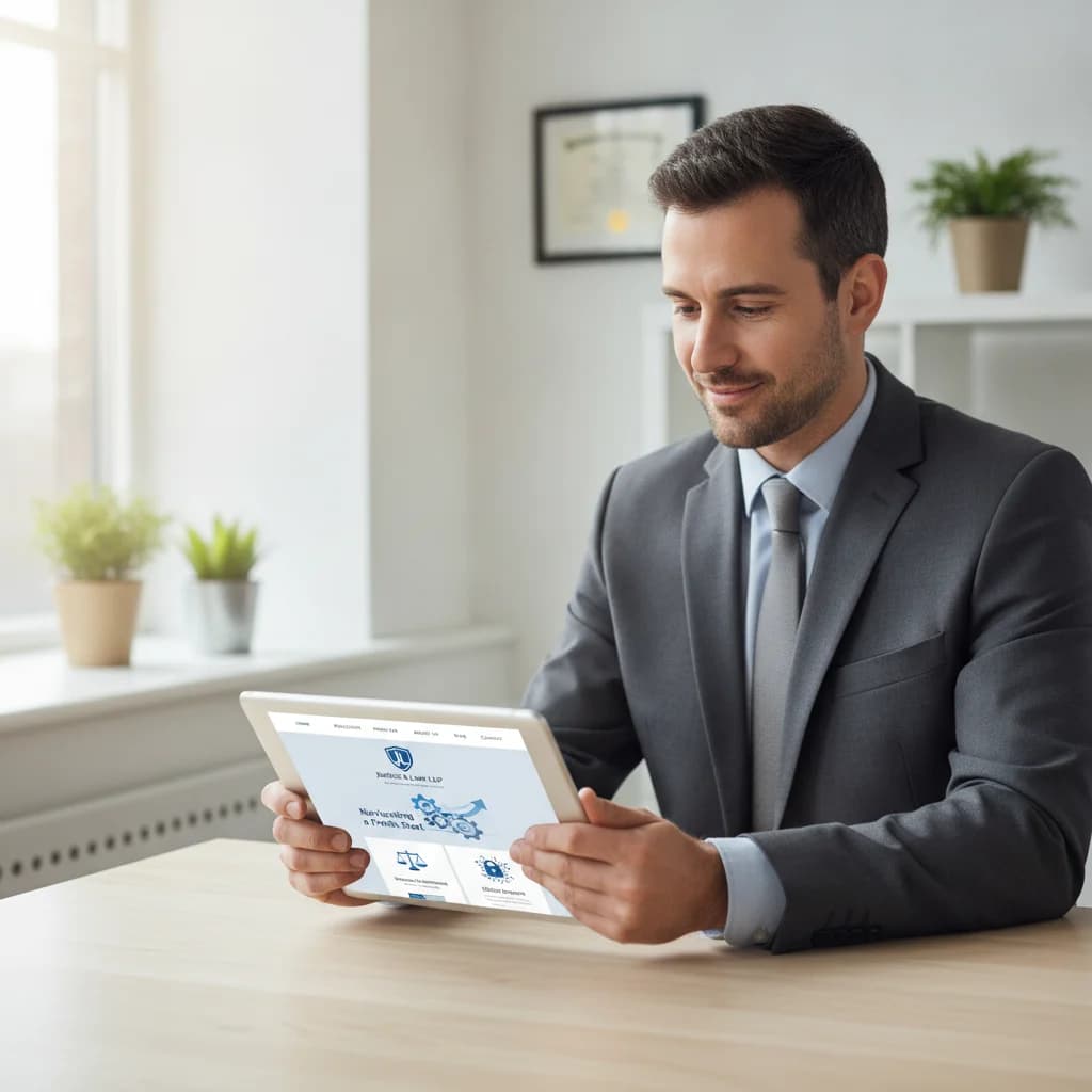 A professional bankruptcy lawyer in a modern, clean office setting, looking confidently at a tablet displaying a well-designed website interface for a law firm. The image conveys trust and digital expertise. No text overlays, no competitors, bright, natural lighting.