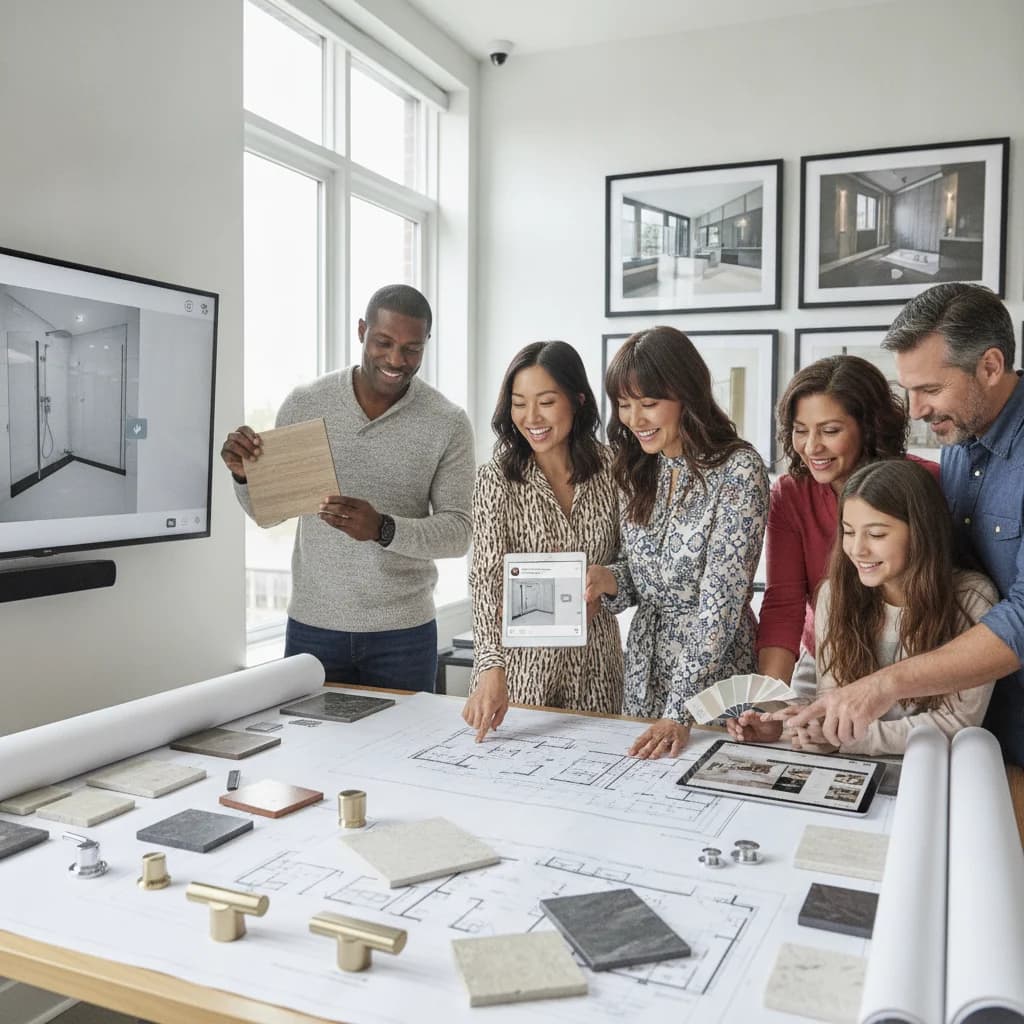 A diverse group of homeowners (a couple, a single person, and a family) happily looking at design plans or samples for a modern bathroom renovation, with subtle digital interfaces (like a tablet showing a social media feed) integrated into the scene. The focus is on the human interaction and excitement about remodeling, with digital elements showing how they found the remodeler. No text in image, NO competitors, NO free standing bathtubs. High resolution, professional and approachable.