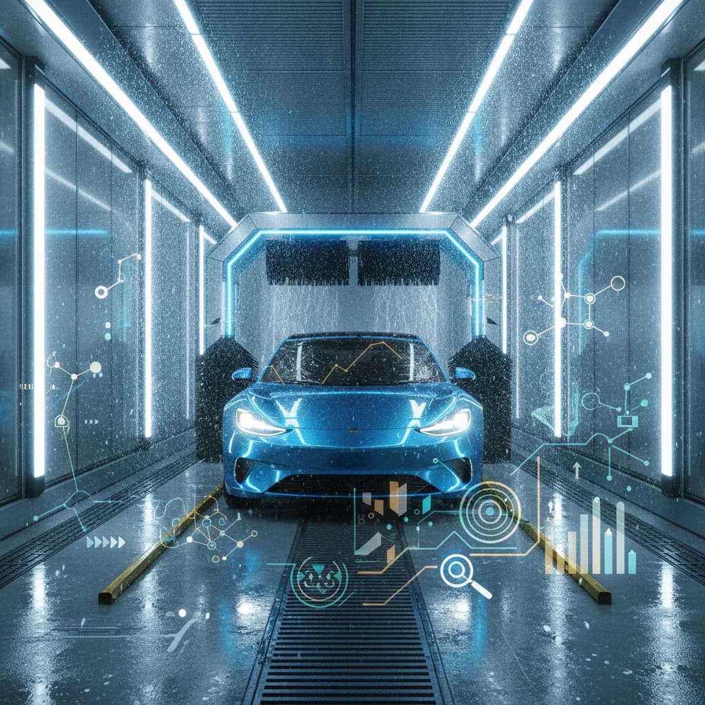 A modern, clean car wash tunnel with bright lights, a sparkling car moving through, and subtle digital elements overlayed representing data, growth, and search engine optimization. No text. No competitors. No low-lighting.