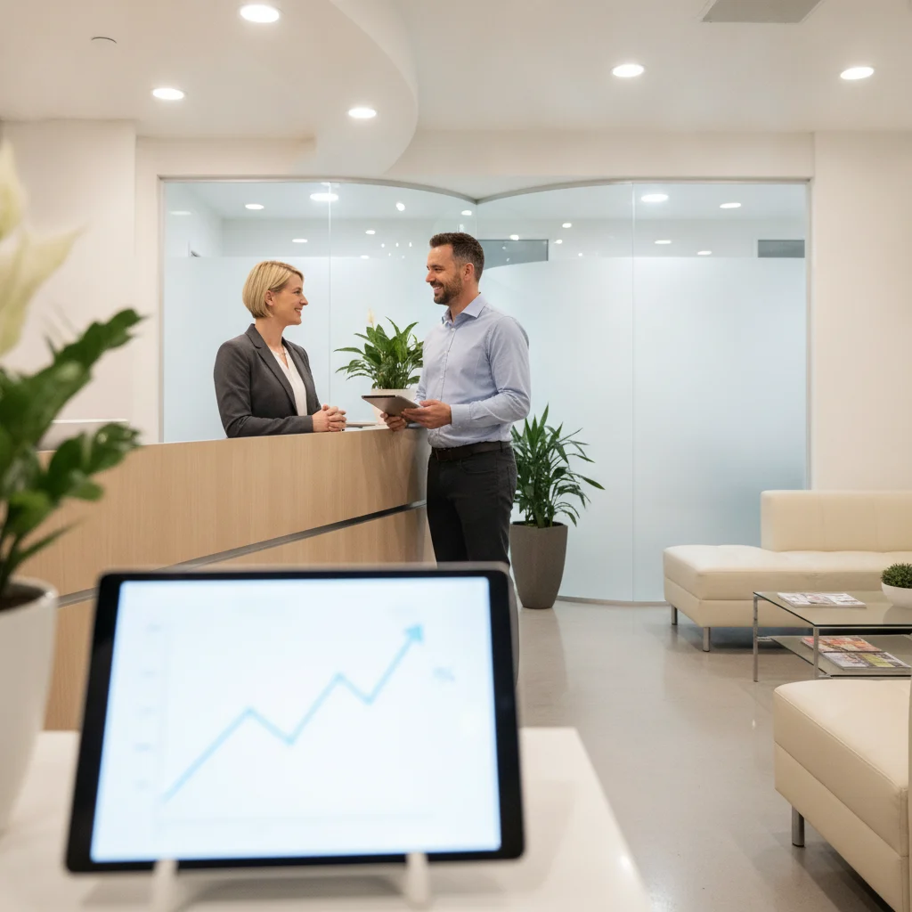 A modern, clean dental office reception area with a smiling receptionist interacting with a patient, both looking friendly and professional. In the foreground, a digital tablet displays a simple, clear financial graph with an upward trend. The scene is brightly lit, inviting, and free of any medical instruments or text. The atmosphere is calm and reassuring, emphasizing growth and positive patient experience.