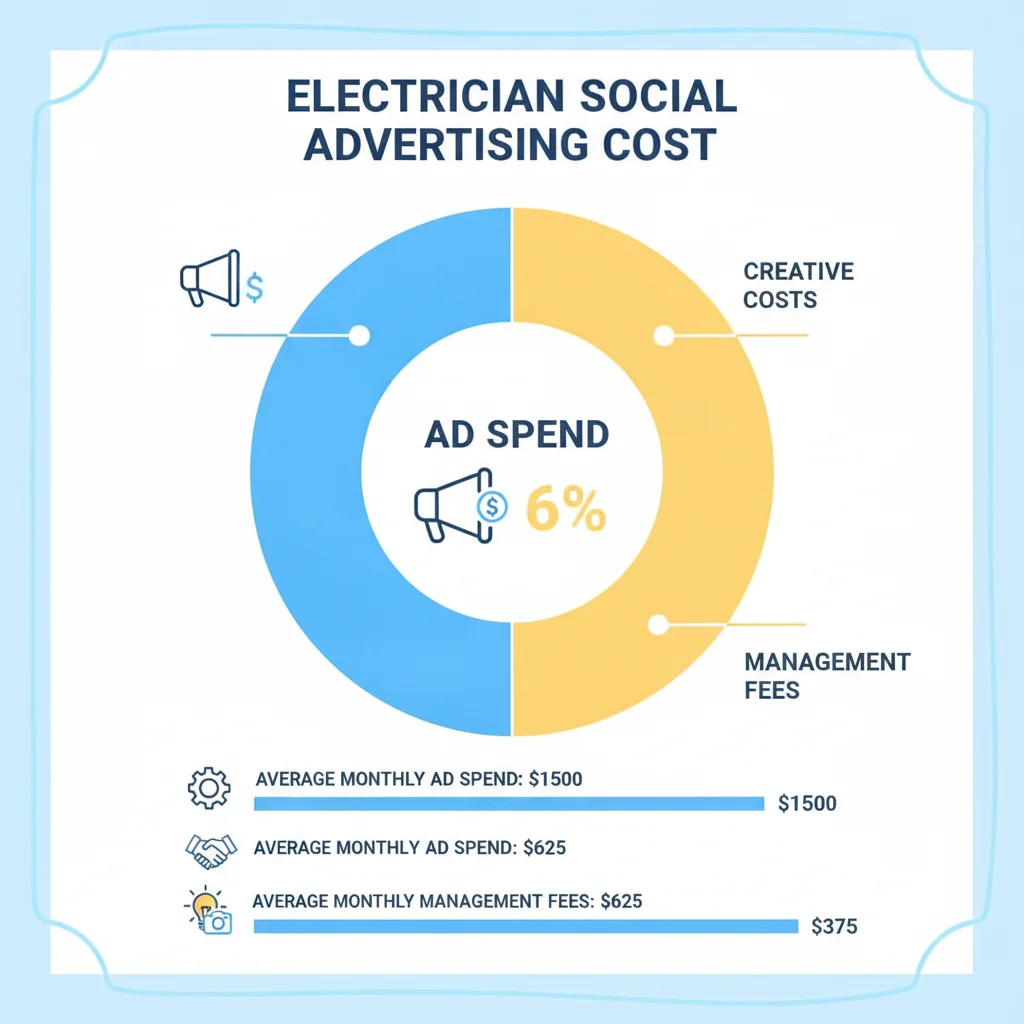 A detailed, modern infographic showing a breakdown of costs for electrician social media advertising, with segments for "Ad Spend," "Management Fees," and "Creative Costs." The infographic should use clear, professional icons and a clean design, avoiding text overlays or low-lighting. Focus on a bright, professional aesthetic.