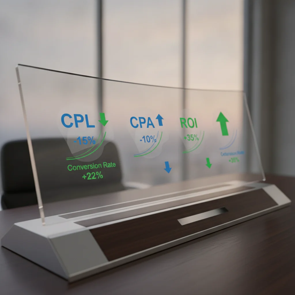 A detailed, clear image of a dashboard displaying various PPC metrics: CPL, Conversion Rate, CPA, and ROI, with upward trending arrows, symbolizing growth and positive returns. The data should be generic, not specific company data. The image should be professional, with no text overlays, no competitors, and excellent lighting.