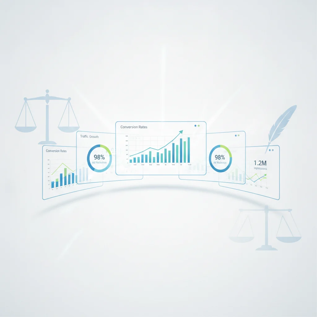 A professional, modern illustration of digital ad screens displaying charts, graphs, and performance metrics, with subtle legal symbols like a balanced scale and a quill pen integrated into the design. The overall aesthetic is clean, analytical, and bright, conveying transparency and efficiency in digital marketing for legal services. No text overlays or brand logos.