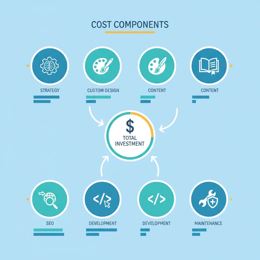 A detailed, modern infographic illustrating the various cost components of estate planning web design, such as strategy, custom design, content, SEO, development, and maintenance, using clean icons and clear labels, no text overlays, no competitors, no low-lighting.