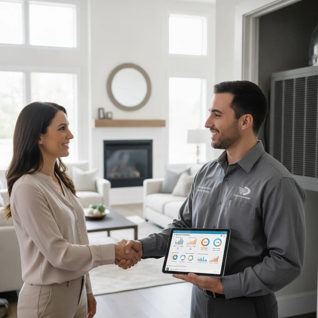 A detailed, clear image of an HVAC technician interacting respectfully with a satisfied homeowner in a modern, well-lit home, showing a tablet displaying social media ad performance metrics on one side, subtly integrated into the scene. The focus is on trust, service, and digital results. NO text overlays, NO text in image, NO competitors, NO low-lighting.