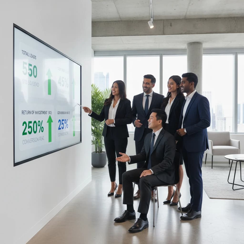 A professional, diverse group of immigration lawyers in a modern, bright office setting, looking at a digital dashboard displaying positive PPC campaign metrics like leads and ROI. No text overlays, no competitors, no low-lighting.