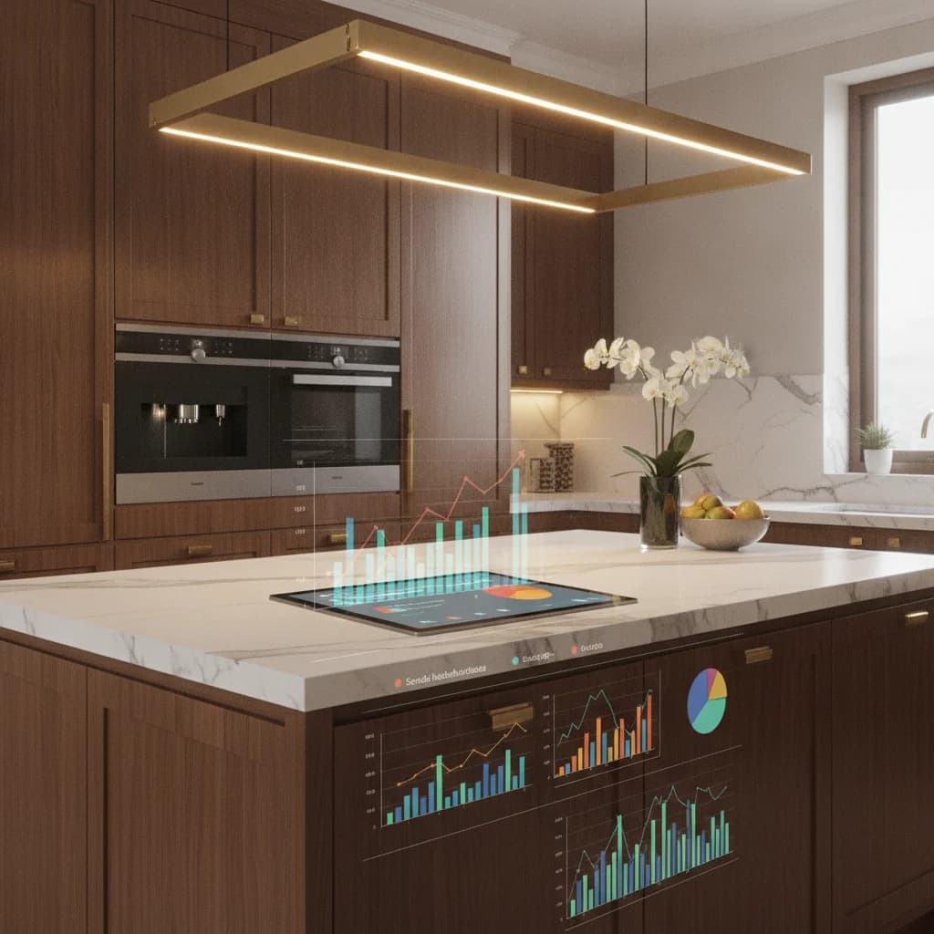 Modern, elegant kitchen interior with warm lighting, a tablet displaying social media analytics graphs overlayed, symbolizing digital marketing for home improvement. No text in image, no competitors, no unorganized kitchens.