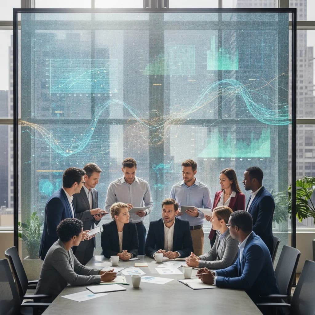 A professional, diverse group of legal and marketing professionals collaborating in a modern, bright office setting, looking at data on a large screen. The image should convey strategy, analysis, and success, without any text overlays or generic gavels.