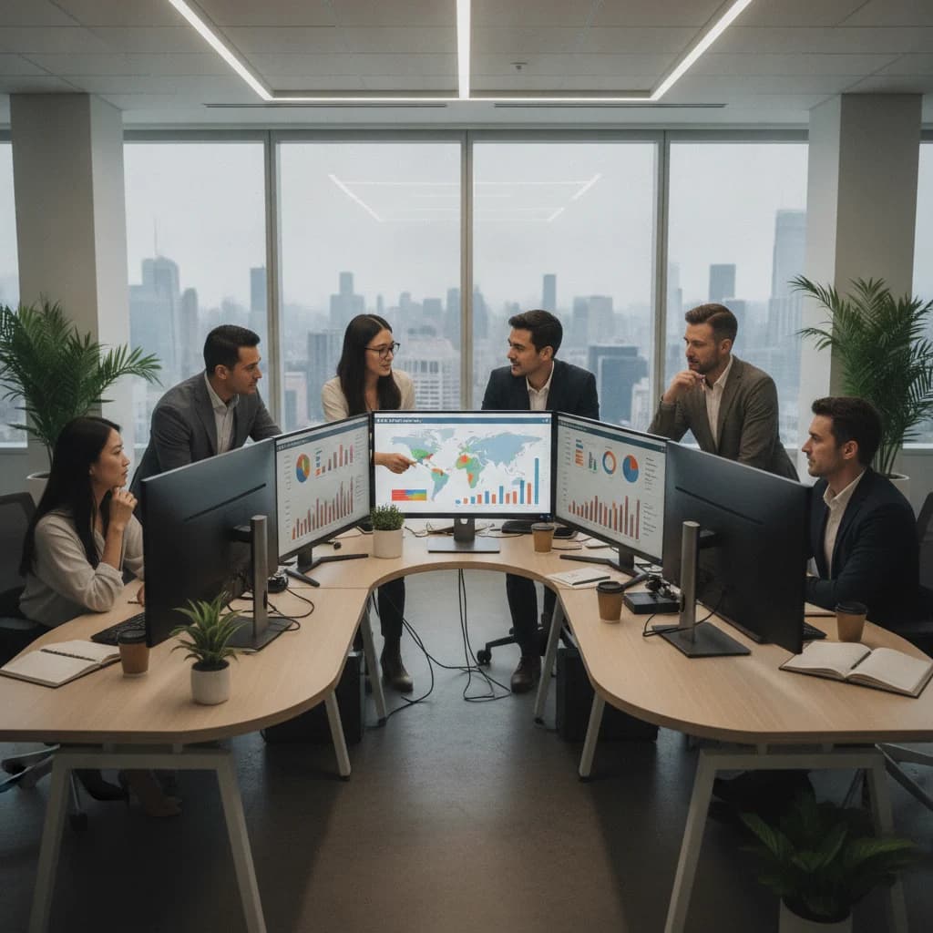 A diverse team of legal marketing professionals analyzing data on multiple screens, showing charts and graphs related to ad performance and client acquisition, in a modern, well-lit office environment. Focus on data analysis and strategic decision-making, no gavels, no text overlays, no competitors, no low-lighting.