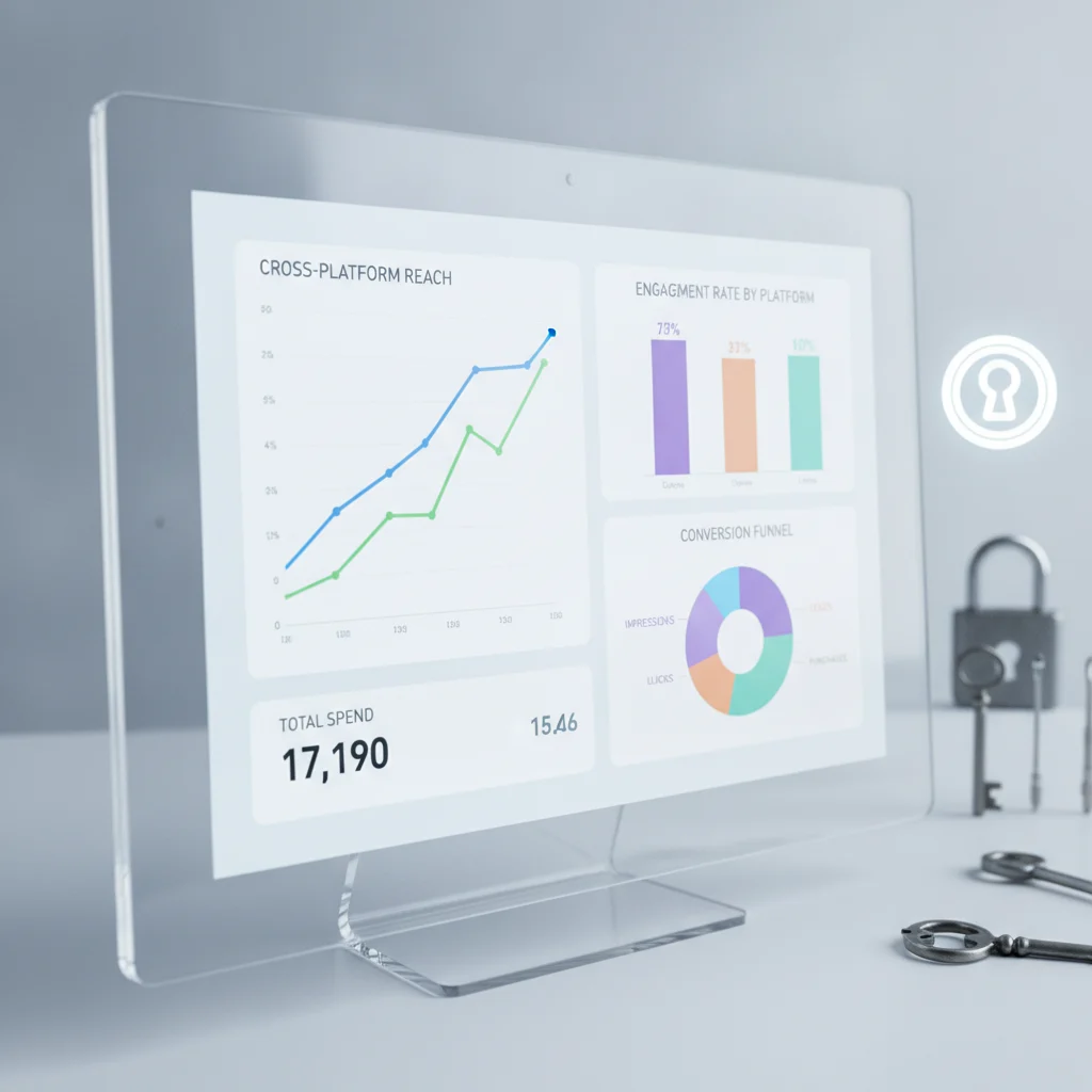 A detailed, professional image showing a digital analytics dashboard displaying charts and graphs related to social media ad performance, with a subtle background featuring a locksmith's tools or a key icon, emphasizing data-driven results and transparency. NO text in image, NO competitors, NO low-lighting.