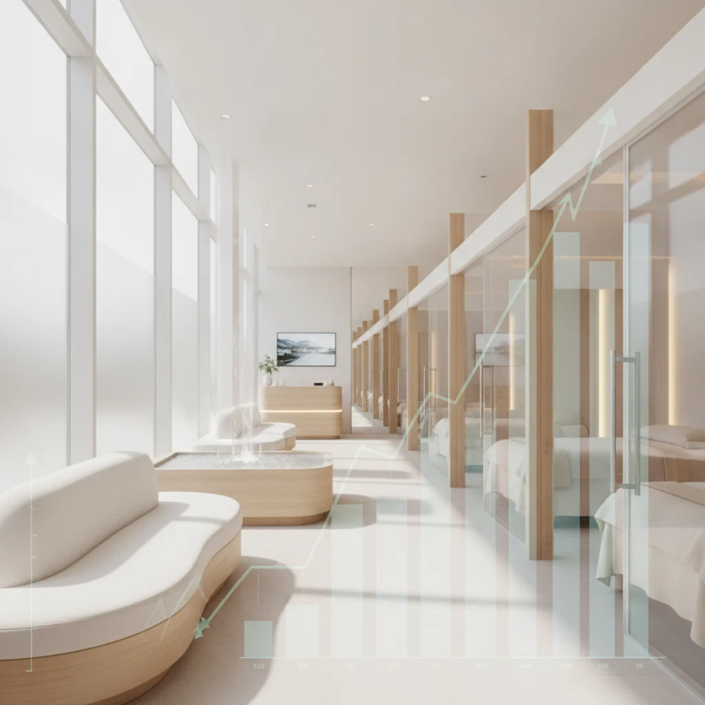 A professional, clean, and bright image showing a modern massage therapy clinic or spa with a subtle overlay of digital marketing charts or graphs, symbolizing growth and ROI. Focus on a serene, inviting atmosphere. No text, no competitors, no low-lighting.
