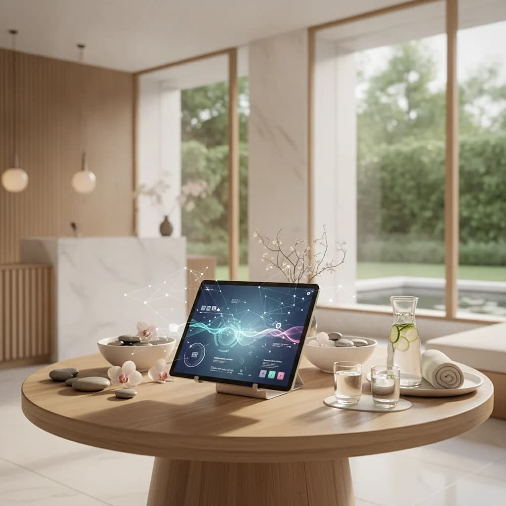 A professional, clean image depicting a spa-like environment with a tablet displaying programmatic ad analytics, overlaid with subtle data visualizations. No text in image, no competitors, no low-lighting. Focus on modern technology meeting wellness.