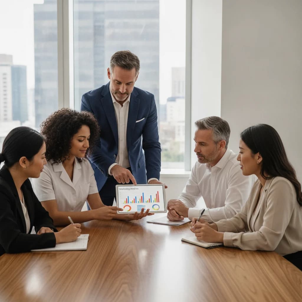 A diverse group of medical spa professionals, including a dermatologist, aesthetician, and front desk staff, are having a collaborative meeting in a modern, bright office setting. They are looking at a tablet displaying marketing analytics and discussing strategies. The overall mood is professional, focused, and forward-thinking, with no text in the image, no competitors, no low-lighting, and no exaggerated faces.