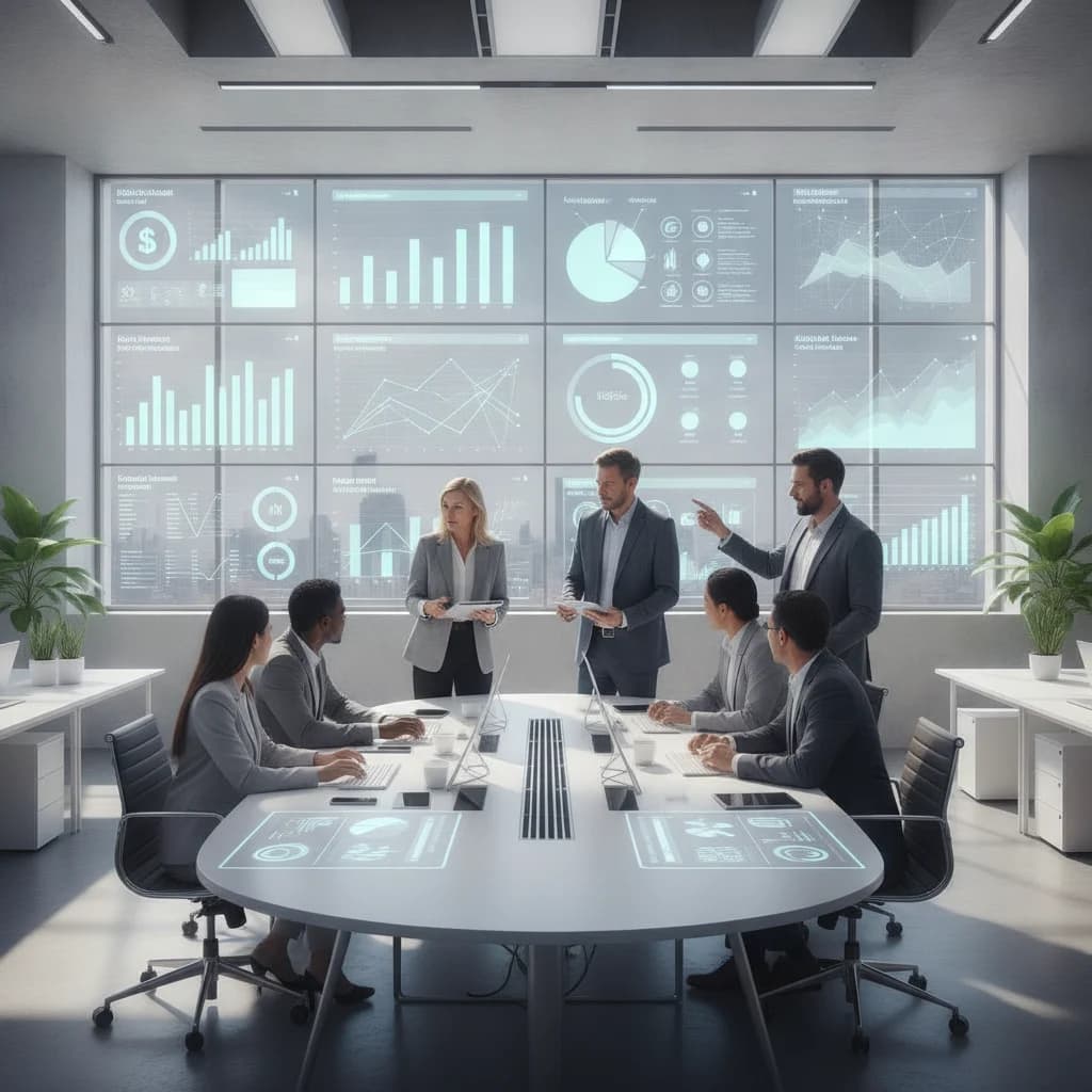 A professional, diverse team of healthcare marketing specialists analyzing data on multiple screens, showing charts and graphs related to social media ad performance, in a bright and modern office setting, representing strategy and analysis, no text, no low-lighting.