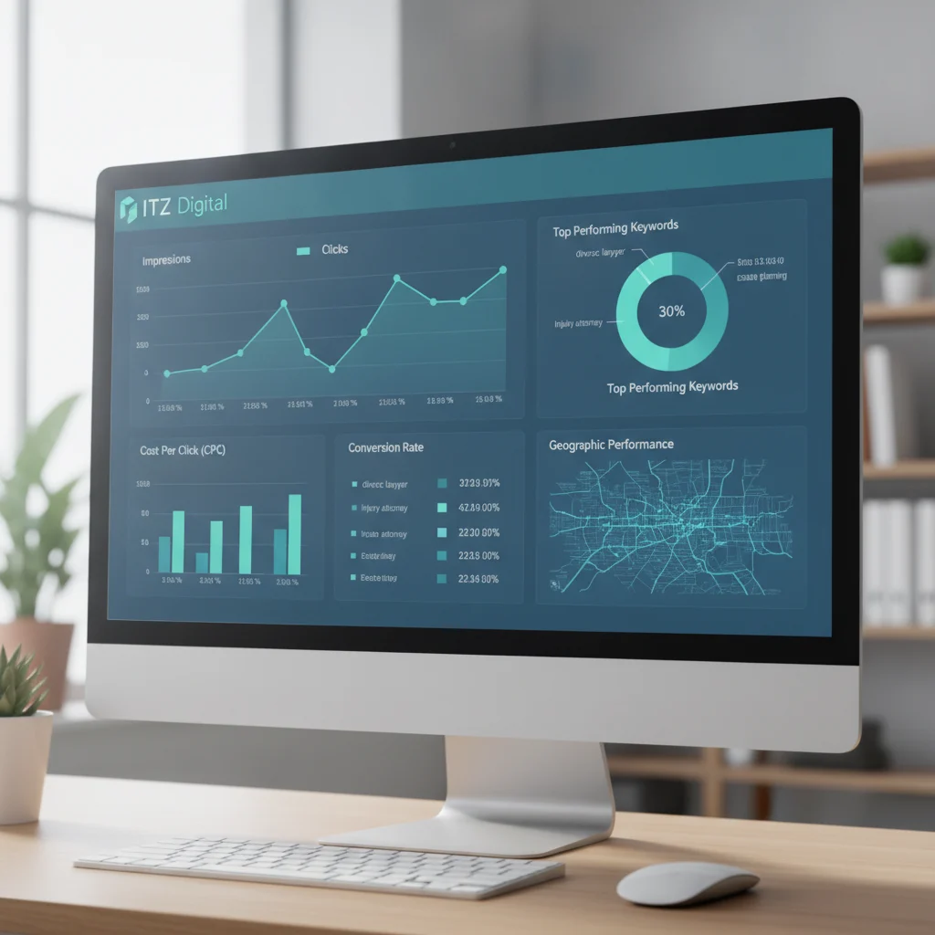 A clear, professional image of a digital marketing dashboard with charts and graphs showing PPC performance metrics for a law firm, with an ITZ Digital logo subtly placed. No text overlays, no competitors, no low-lighting.