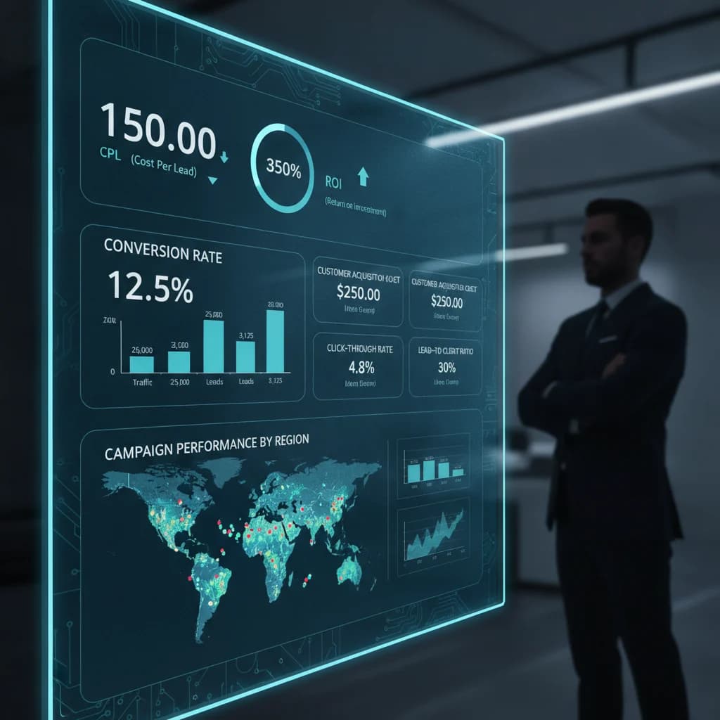 A detailed, clear visual of a digital dashboard showing various marketing metrics like CPL, ROI, and conversion rates, with a personal injury lawyer's silhouette in the background subtly observing the data. The overall aesthetic is professional, modern, and data-driven, with no text overlays, no competitors, and no low-lighting.