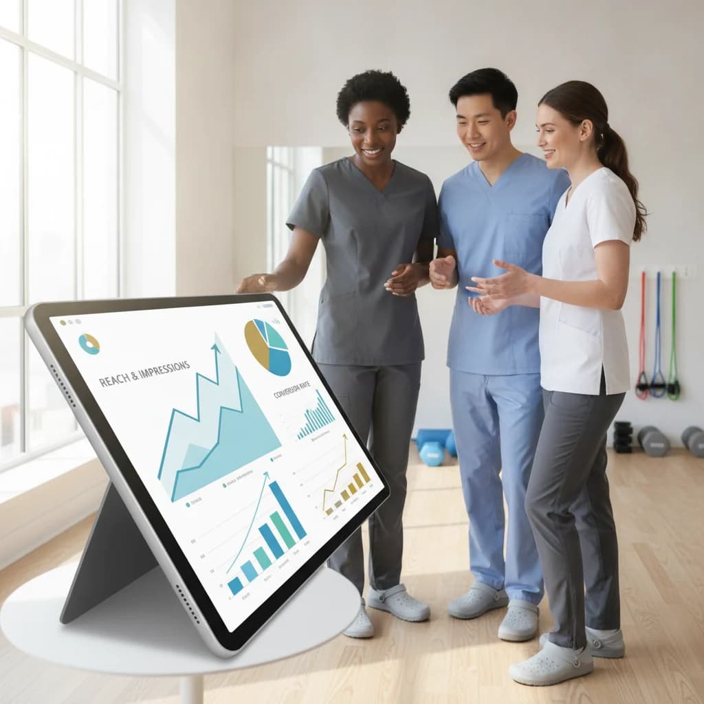 A diverse team of physical therapists collaborating on a tablet showing social media ad analytics, with charts and graphs, representing growth and ROI. Modern, clean aesthetic, no text, no competitors, bright lighting.