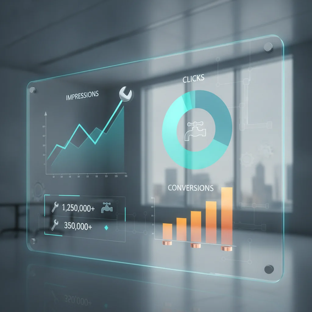 A modern, clean digital dashboard displaying various graphs and charts related to advertising performance (e.g., impressions, clicks, conversions). Subtle, professional plumbing tools like a polished wrench or a clean faucet icon are integrated into the design or background, emphasizing the industry. The overall mood is analytical, efficient, and forward-thinking. NO text, NO competitors, NO low-lighting, NO messy toolboxes.