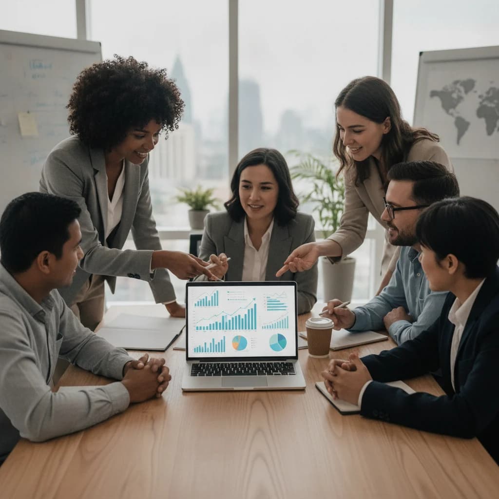 A diverse group of real estate professionals, including agents and brokers, collaborating around a modern laptop displaying data charts and graphs, with a clean, well-lit office background. The scene should convey professionalism, data analysis, and successful strategy, without any text overlays or brand logos, and with a focus on diverse representation and clear imagery.
