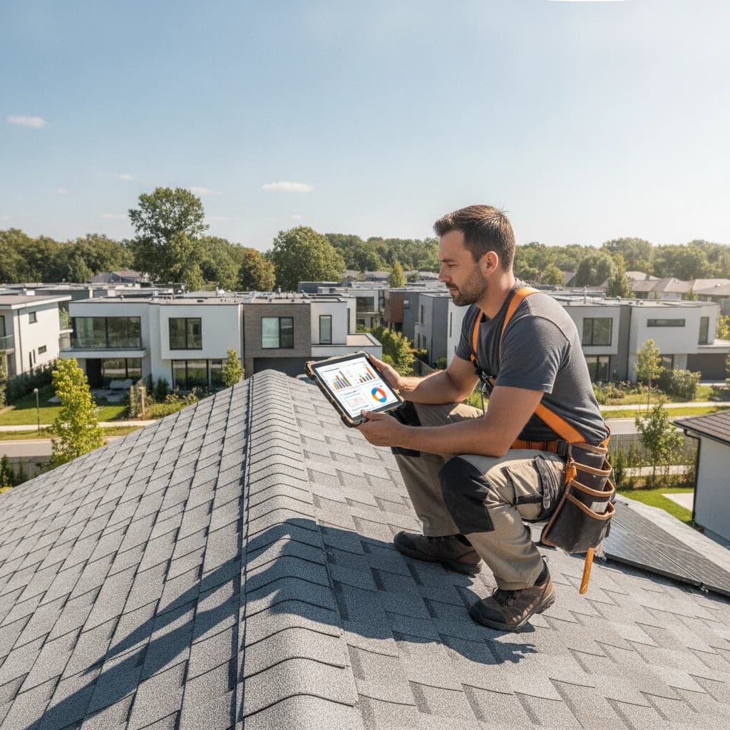 A professional roofer on a roof, looking at a tablet or phone showing digital marketing analytics, with a clear sky and modern houses in the background. No text in image, no competitors, bright lighting, safe posture.