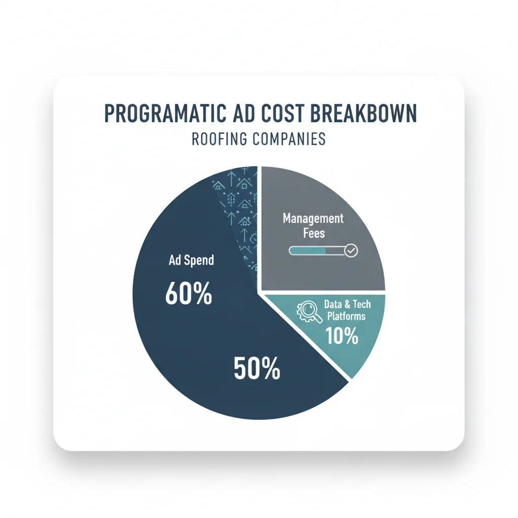 A detailed, modern infographic illustrating the breakdown of programmatic ad costs for roofing companies, showing categories like 'Ad Spend' and 'Management Fees' with clear, simple percentages or ranges. The design should be clean, professional, and use a color palette that evokes trust and efficiency. Avoid text on the image, show only graphical representation of data. No low-lighting, no competitors, no safety violations.