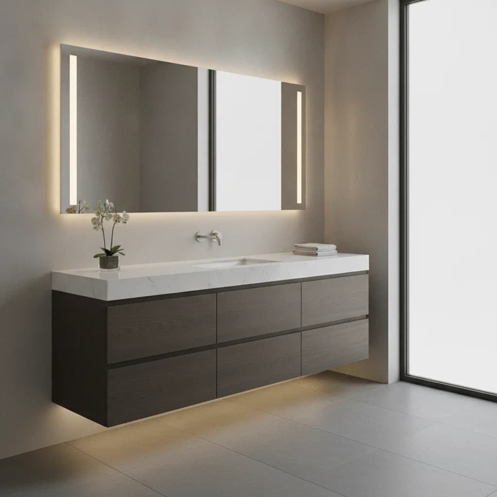 A sleek, modern bathroom vanity with a large mirror, clean lines, and integrated lighting. No text, no competitors, no free-standing bathtubs.