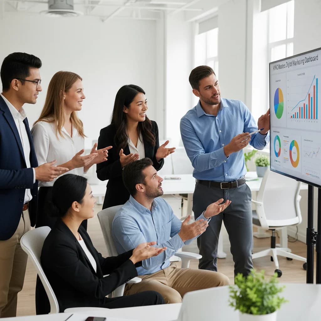 A diverse team of marketing professionals, male and female, in a modern, well-lit office collaborating around a digital dashboard displaying various colorful charts and graphs related to digital marketing performance metrics for an HVAC company. They are pointing at the screen and discussing, showing engagement and expertise. No text in image, no free standing bathtubs, no competitors, no low-lighting, no messy toolboxes.