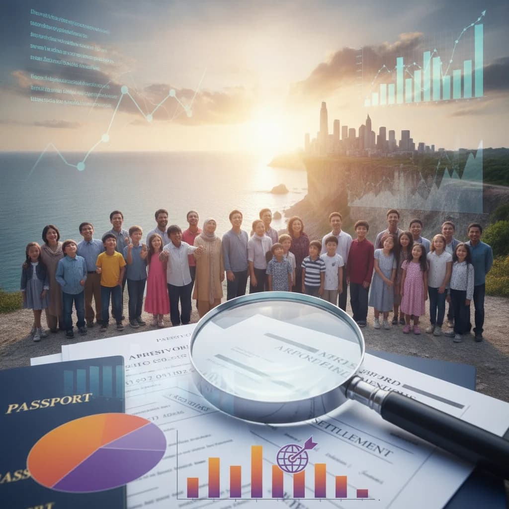 A diverse group of people from different backgrounds looking optimistically towards a bright horizon, with a subtle overlay of digital analytics graphs and a magnifying glass over legal documents, symbolizing successful immigration processes and data-driven marketing. No text overlays, no text in image, no competitors, no low-lighting.