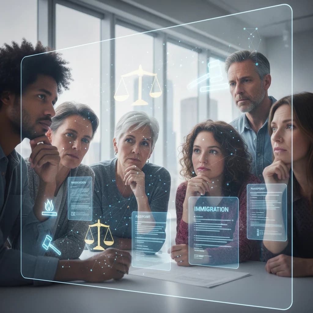 A diverse group of people from different backgrounds looking thoughtfully at a digital screen displaying legal symbols and immigration-related forms, with a subtle overlay of data points and network connections, representing targeted programmatic advertising for immigration law. NO text overlays, NO text in image, NO competitors, NO low-lighting.